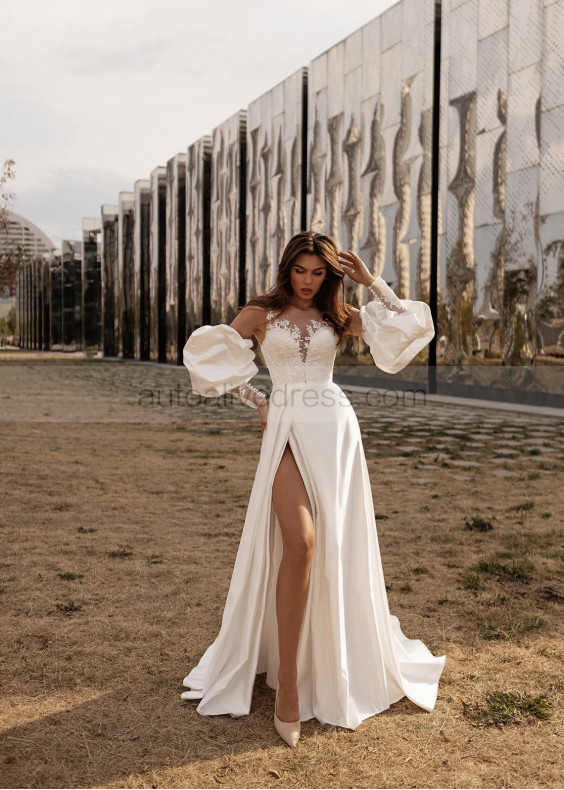 Beaded Ivory Lace Satin Wedding Dress With Detachable Puff Sleeves